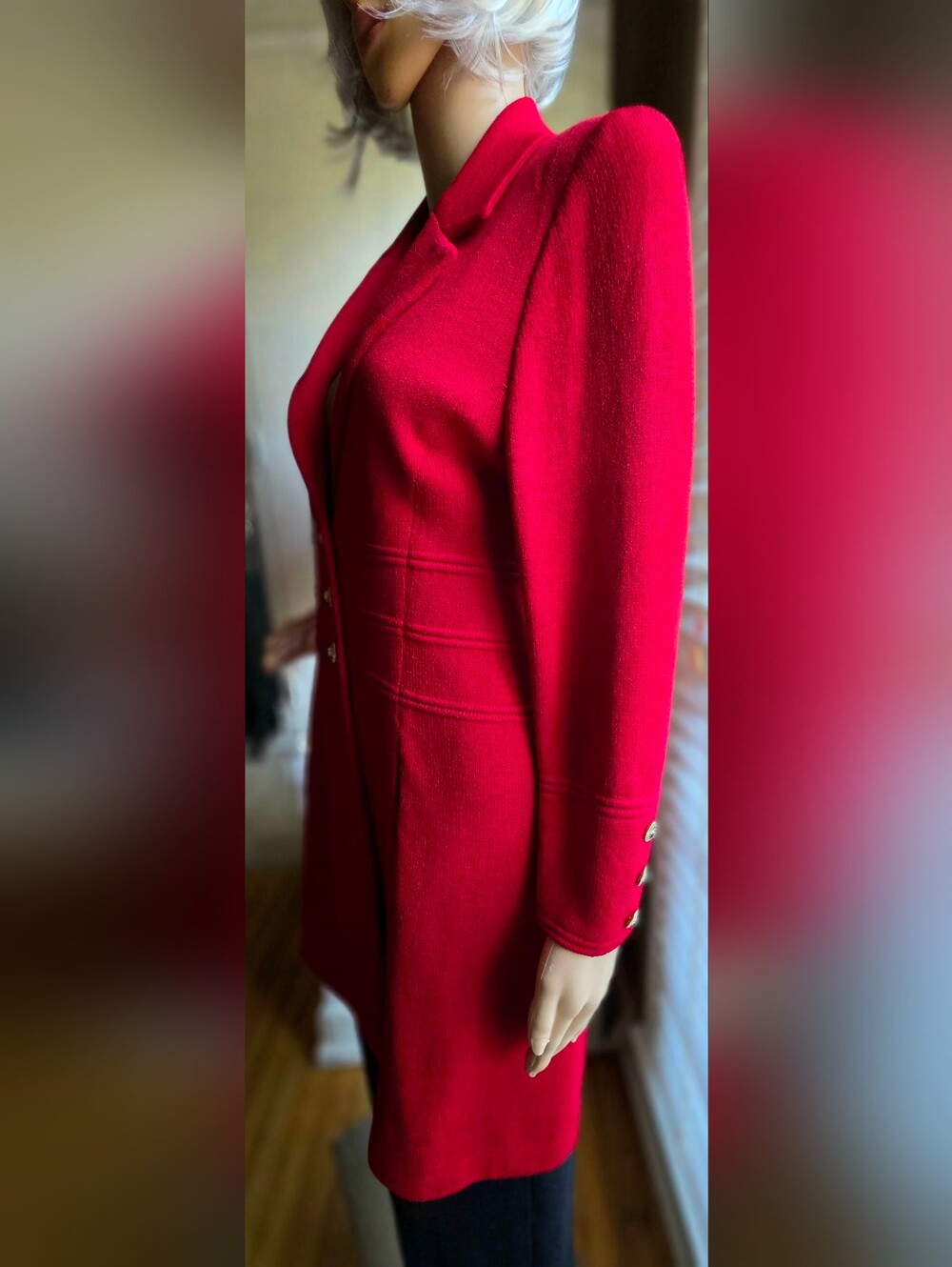 St John Collection Marie Gray Red Long Knit Jacket Coat Gold Buttons Sz 6 - Picture 5 of 10